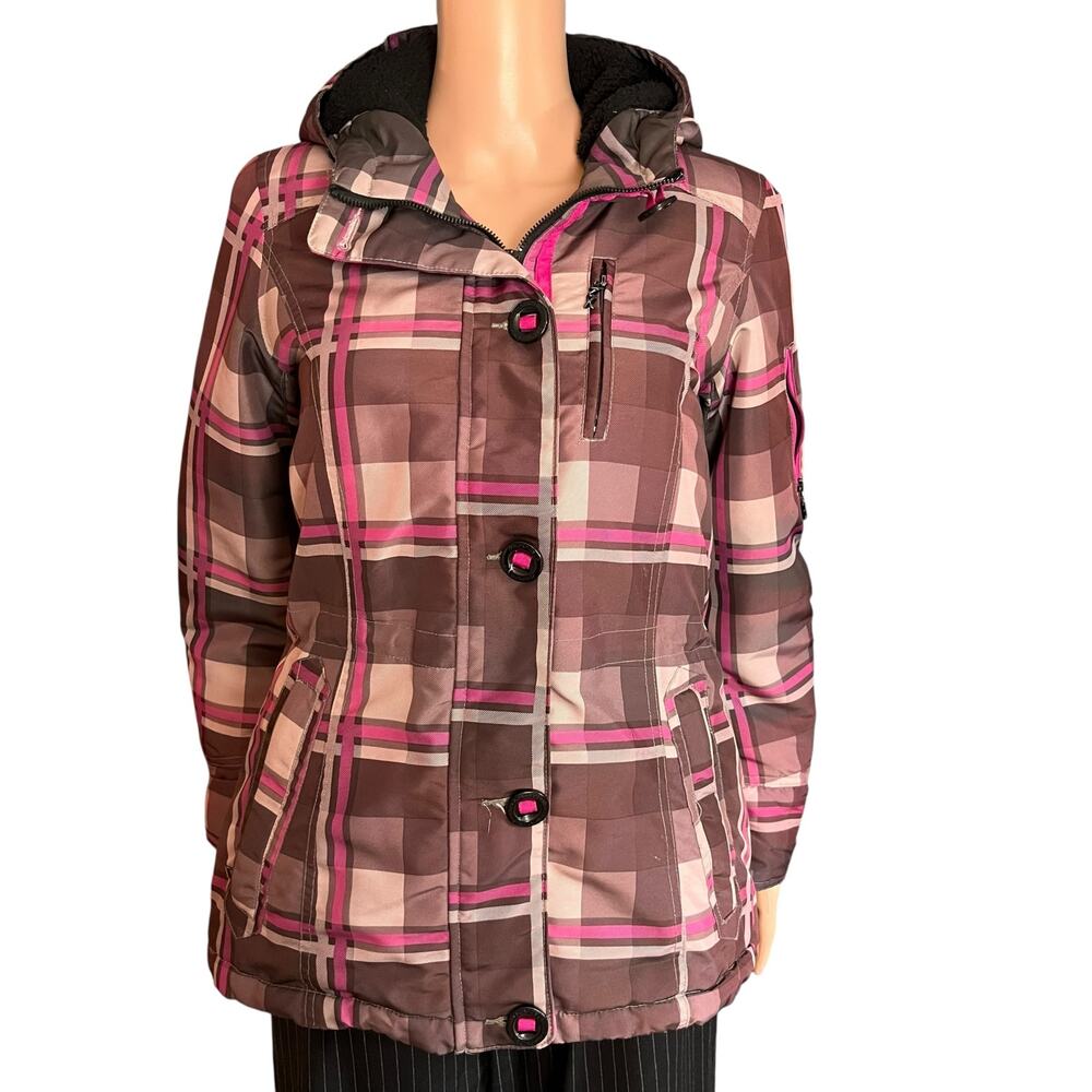 Zero Xposure Vintage Quilted Hooded Pink Plaid Jacket S Zip Pockets Ski Resort